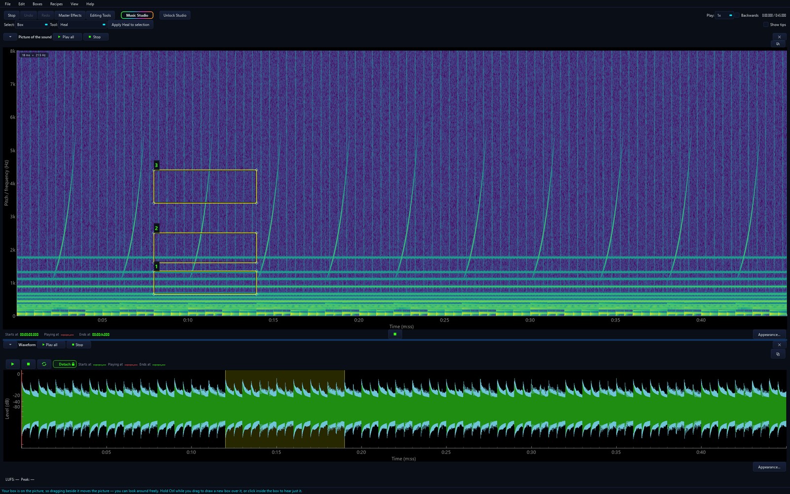 The SoundWave Studio editor showing a recording drawn as a spectrogram, with a box around a 60 Hz hum and the preview bar for removing the hum and its harmonics, offering Before, After, Keep it and Throw it away.
