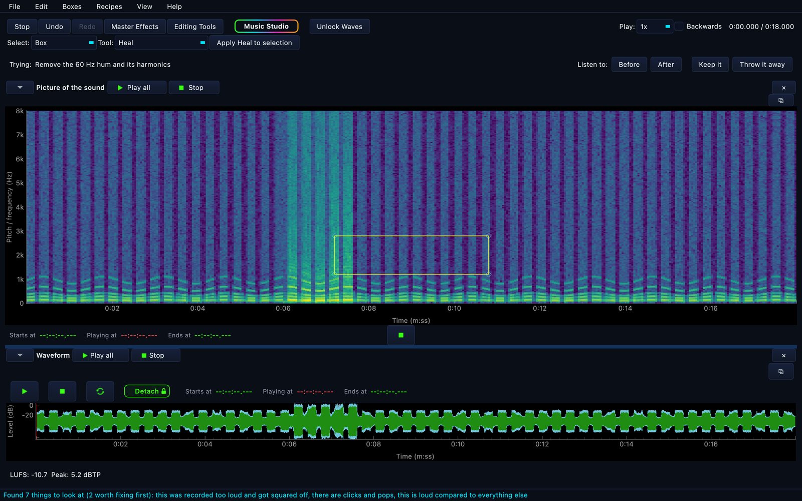 The Waves editor showing a recording drawn as a spectrogram, with a box around a 60 Hz hum and a bar reading Trying: Remove the 60 Hz hum and its harmonics, offering Before, After, Keep it and Throw it away.